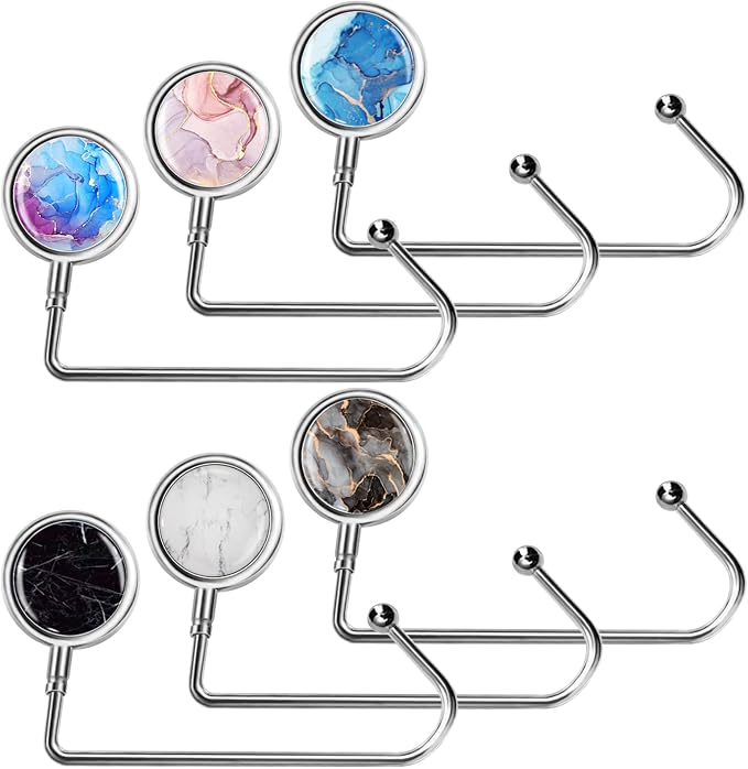 AUHOKY 6Pcs Portable Purse Hook Handbag Hanger for Table, Fashionable Long Handbag Bag Holder Under Counter, Christmas Stocking Holders Mantel Hooks for Women Girls Bags Storage(6 Marble Patterns)