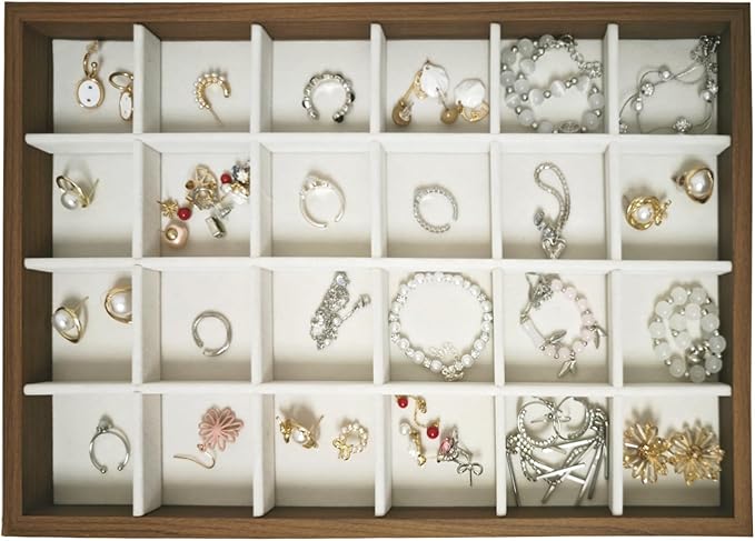 Large Jewelry Trays for Drawers Stackable Velvet Jewelry Display for Vendors Jewelry Drawer Organizer Inserts for Rings Necklace Bracelets Earrings and Studs Earrings (Beige, 24 Grid)