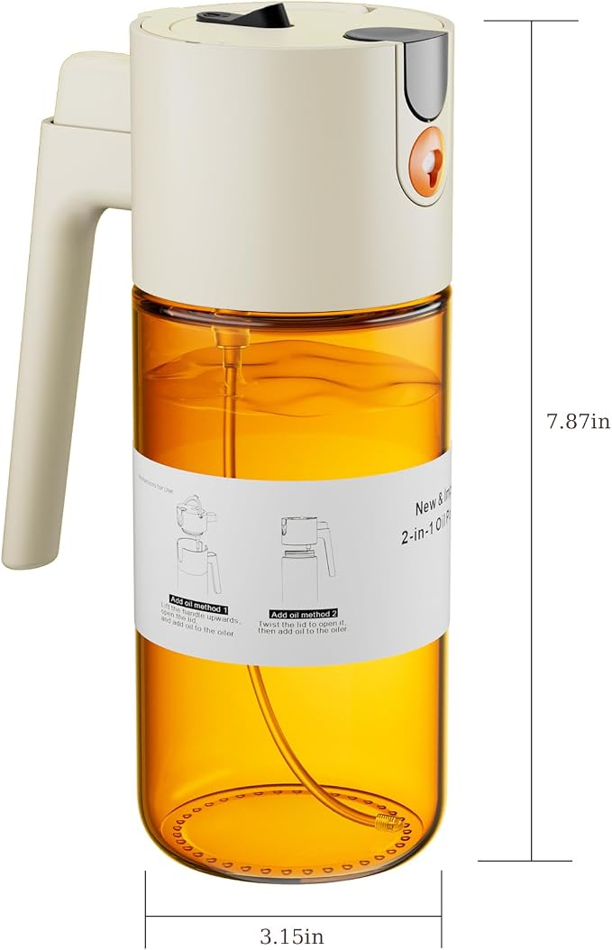 LAKUMIQI 2 in 1 Oil Sprayer & Dispenser, 17 oz Light-Blocking Glass Bottle | Large Capacity, Wide-Mouth for Easy Pouring and Cleaning, Leak-Proof Oil Bottle with Stickers for Salads, Air Fryers, BBQ