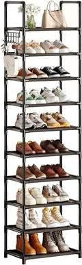 Simple Trending Tall Shoe Rack for Closet, 10 Tiers Narrow Shoe Shelf Holds 20 Pairs, Shoe Organizer Storage with Hooks, Black
