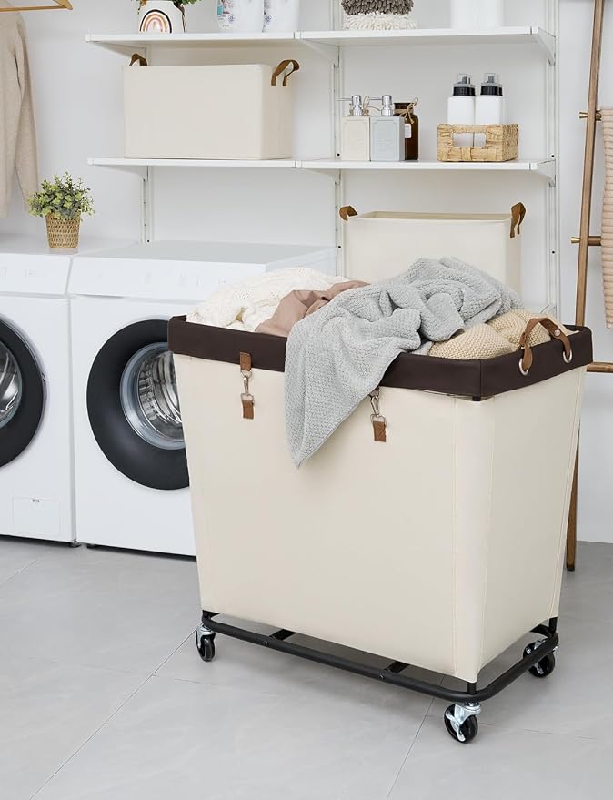 StorageWorks Laundry Basket with Wheels for Clothes, 320L Beige Hamper Cart