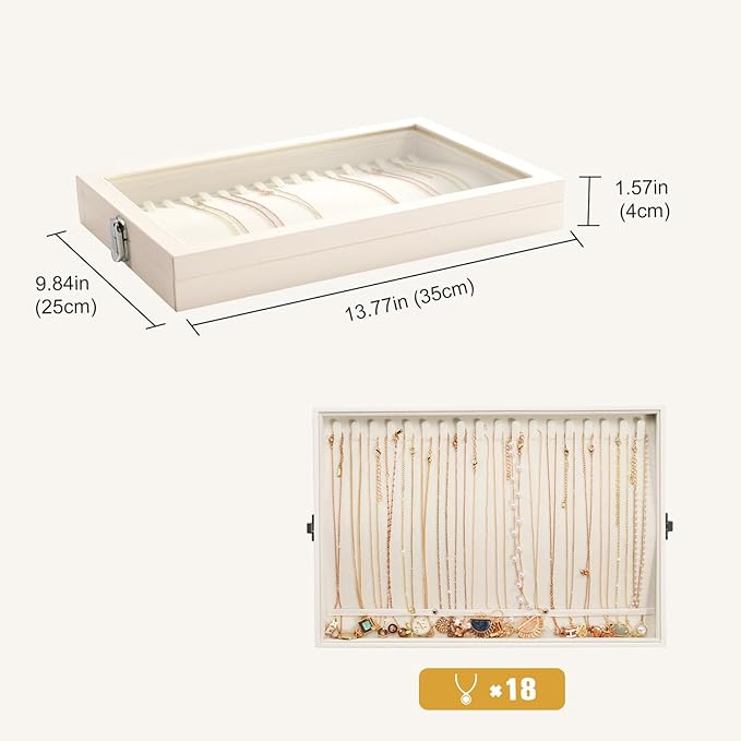 Lolalet Jewelry Organizer Tray with Lid, 18 Hooks Velvet Necklace Organizer Holder Storage Box for Drawer -Beige | Made of velvet cover, with lid, compact for drawers, 18 hooks for clear necklace organiser