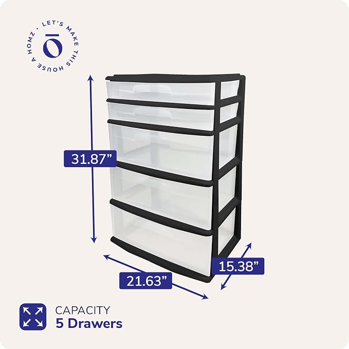HOMZ Drawer Tower, 5-Tier Extra-Wide Clear Plastic Storage Organizer Cart, Black Frame - Stackable Container Boxes for Bedroom, Bathroom, Garage, and Office Organization