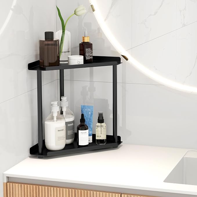 FLE Corner Bathroom Counter Organizer, Bathroom Organizer Countertop Black | 2 Tier Corner Shelf, Tabletop Mount,Waterproof solid shelf fits bathroom toiletries and kitchen condiment storage.