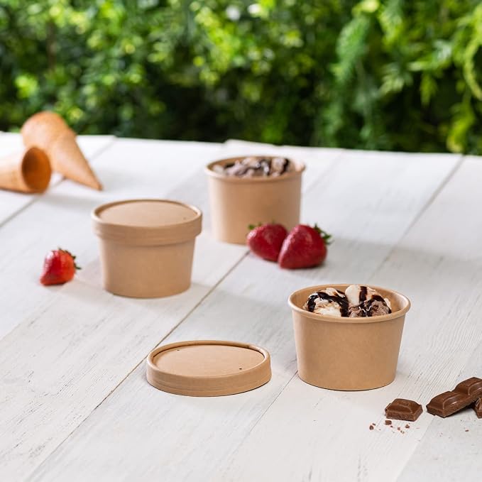 GUSTO 8 oz. Kraft Paper Food Containers with Vented Lids.[ 25 Count] To Go Hot Soup Bowls, Disposable Ice Cream Cups, Ideal for Hot and Cold Foods - (Formerly Comfy Package)
