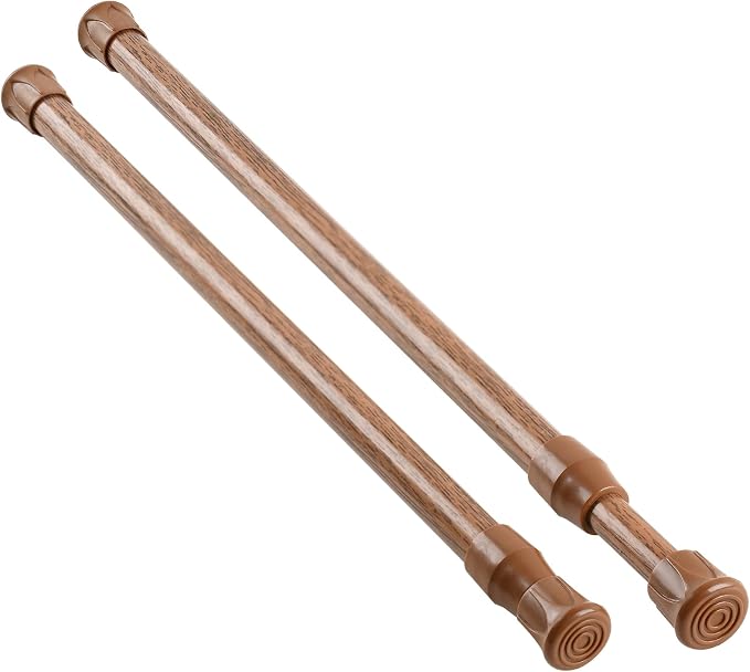 KXLife Tension Curtain Rod No Drill 12-20", Small Spring Rod, 2Pcs, Oak | Adjustable Short Tension Rod, Tool-Free Spring Fit, Non-Slip Ends, Suitable for Window, Cupboard, Closet