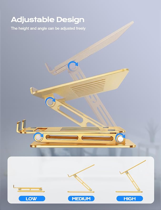 LOXP Aluminum Laptop Stand, Adjustable Laptop Stand for Desk Foldable | Portable Laptop Riser, Ergonomic Computer Notebook Holder for Desk, Office Desk Accessories (10-15.6'') - Gold