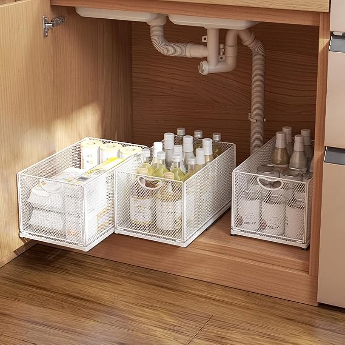Pull out Cabinet Organizer Fixed with Adhesive Nano Film Heavy Duty Slide out Pantry Shelves Drawer Storage under sink organizer Sliding Mesh Cabinet Basket with Handle for Kitchen (Extended Small)