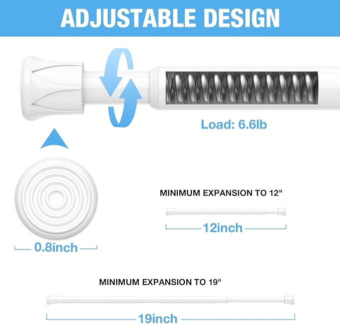 2 Pack Spring Tension Curtain Rods 11-19 Inches,5/8" Diameter White Spring Load Adjustable Expandable,Small Short Tension Curtain Rod for Windows,Kitchen,Doorway,Bathroom,Cupboard Bars