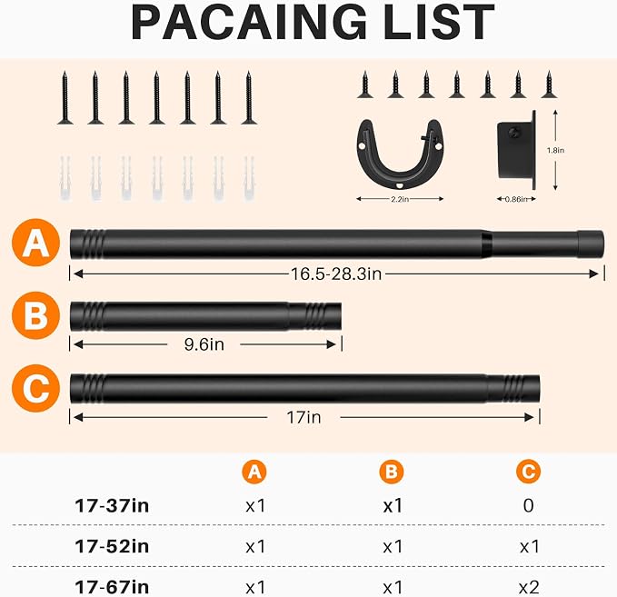 SUTINE Closet Rod for Hanging Clothes, 17 to 52 Inch Adjustable Closet Hanging Rod, Heavy Duty Clothes Hanging Rod Bar Black Metal Closet Poles with Threads for Wardrobes, Closet, Bathroom, Windows