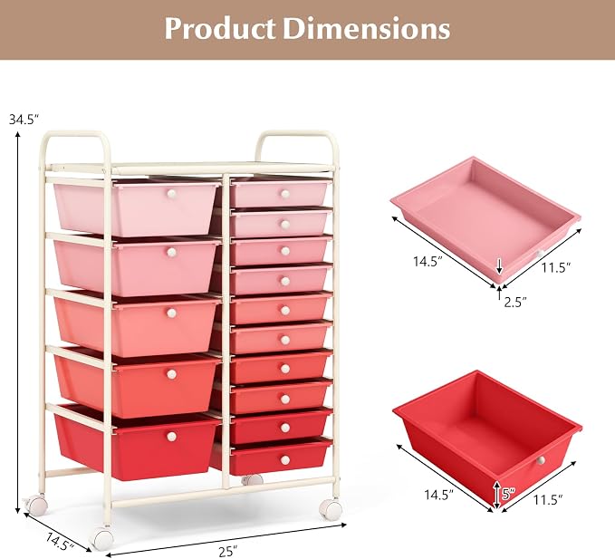 DREAMADE Rolling Cart with 15 Drawers, Rolling Drawer Organizer Cart w/Lockable Wheels, Removable & 2-Sized Storage Drawers, Art Cart for School Home Art Supplies Crafts File Scrapbook (Mixed Pink)