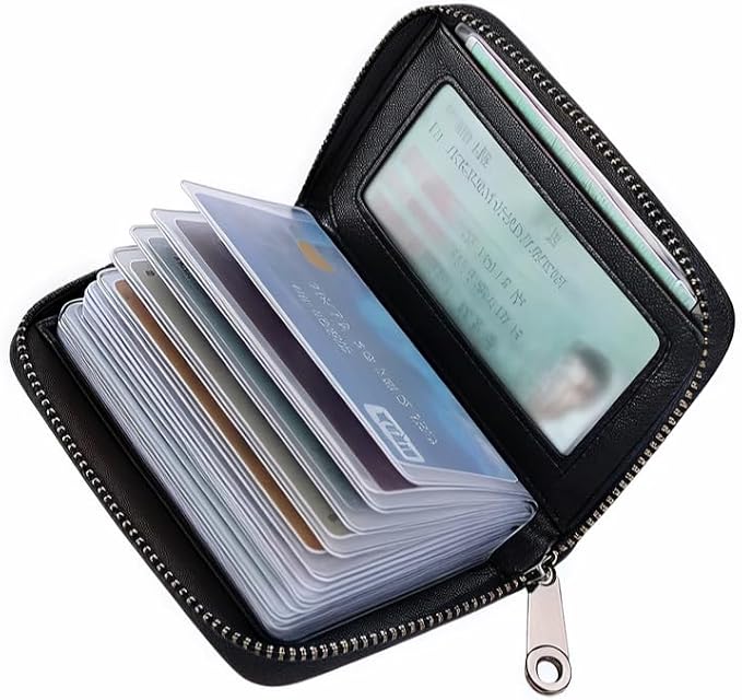 Genuine Leather Credit Card Holder, Wallet Case, Bank Card Case, RFID Blocking Secure Card Case, ID Case, Organizer Zipper Wallet 1 Pcs - Black