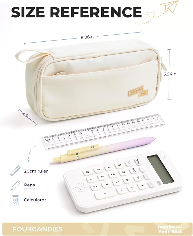 Four Candies Large Pencil Case, 5 Compartments Pen Organizer, Big Capacity Canvas Pencil Pouch Bag for School Supplies, Portable Stationery Holder for Teen Girls, Women (White)