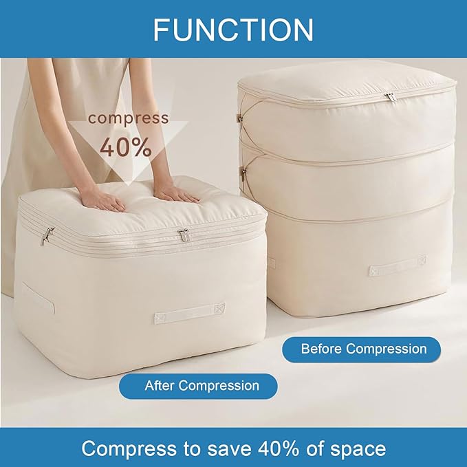 1PC Comforter Storage Bag, 3-Layer Zipper Blanket Storage Bag, Ultra Space Saving Self Compression Storage Bags for Comforters, Clothes, Pillows, Duvet and Bedding Sets (Beige, X-Large)