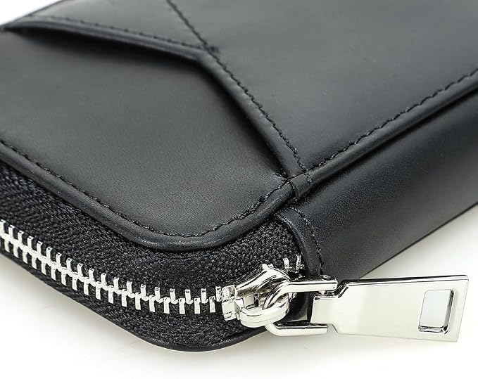 CONTACTS Full Grain Leather Pencil Case Handmade Vintage Zipper Pen Holder Pouch with Card Slot Pens Organizer Pockets Stationery Bag for Men and Women (Black)