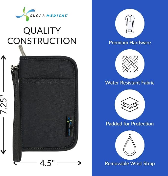 Sugar Medical Diabetes Supply Case | Medical Supplies Travel Bag | Glucose Meter Organizer | Diabetic Care Products | Glucometer Kit (Jet Black)