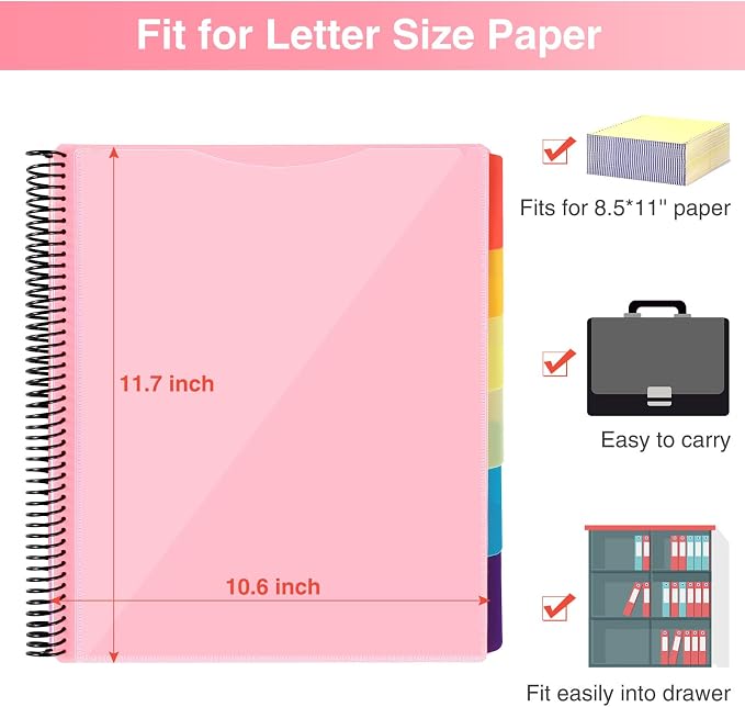 Forvencer 24 Pocket Project Organizer, 1/3-cut Tab Binder Organizer with Sticky Labels, Multi Pocket Folder with Zipper Pouch, Folder Binder Spiral Pocket Notebook, Office Supplies, Letter Size, Pink