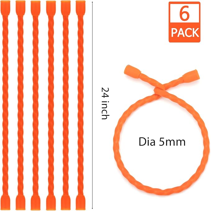 6 PCS 24-Inch Silicone Cable Ties Dia 5mm Reusable Steel-Core Rubber Twist Ties Bendable Cable Ties for Bundling and Holding, All Purpose Cord Tie for Indoor and Outdoor (Orange)