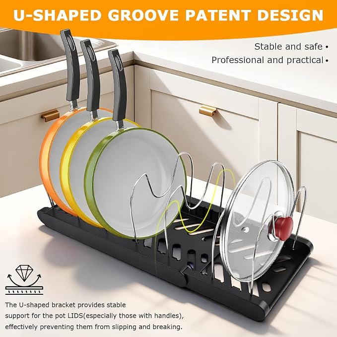 Expandable Pots and Pans Organizer Rack,with 10 Adjustable Compartments for Kitchen Cabinet or Under Sink 13"-23"Adjustable Pot Lid Holder for Cookie Sheets Cutting Boards Cookware(COLOR:Black)