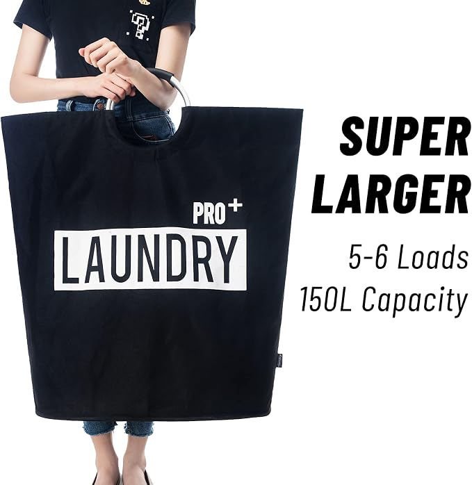 Caroeas Super Large 150L Laundry Basket Pro, Waterproof Laundry Hamper, Collapsible Laundry Basket Easy Storage, Clothes Hamper Stands Up Well, Laundry Bag with Padded Handles (Black)