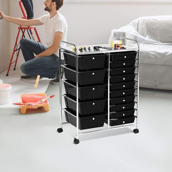 DREAMADE Rolling Cart with 15 Drawers, Clear Plastic Drawer Organizer w/Lockable Wheels, Removable & 2-Sized Storage Drawers, Art Cart for School Home Art Supplies Crafts File Scrapbook (Black)