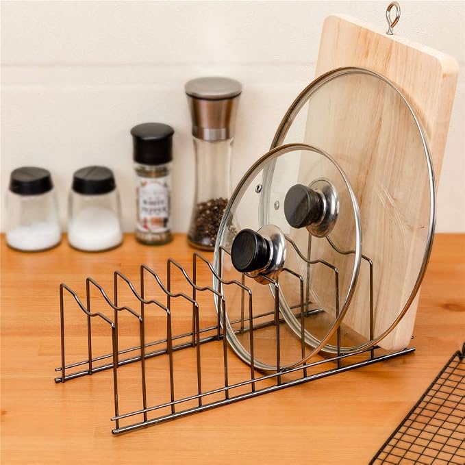 SANNO Pot Lid Organizer, Kitchen Plate Rack Holder Rest, Plates, Cutting Boards Bakeware, Cooling, Pots & Pans, Serving Trays,Lids Holder Rack,Nickel,Set of 2