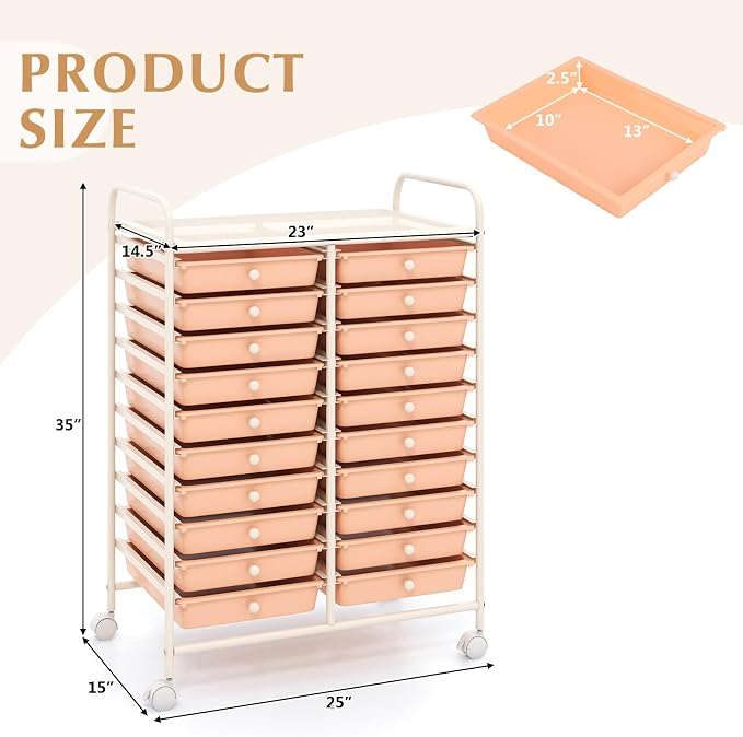 DREAMADE Rolling Cart with Storage Drawers, Utility Cart w/Removable Plastic Drawers, Lockable Wheels, Art Cart for Classroom Organization Art Supplies Office Scrapbook (20 Drawers, Peach)