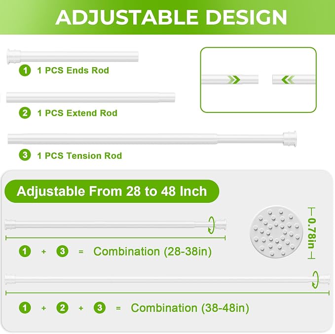 2 Pack No Drill Tension Curtain Rods 28 to 48 Inch White Small Curtain Rod Adjustable No Drilling for Window,Kitchen,Closet,Doorway,Bedroom