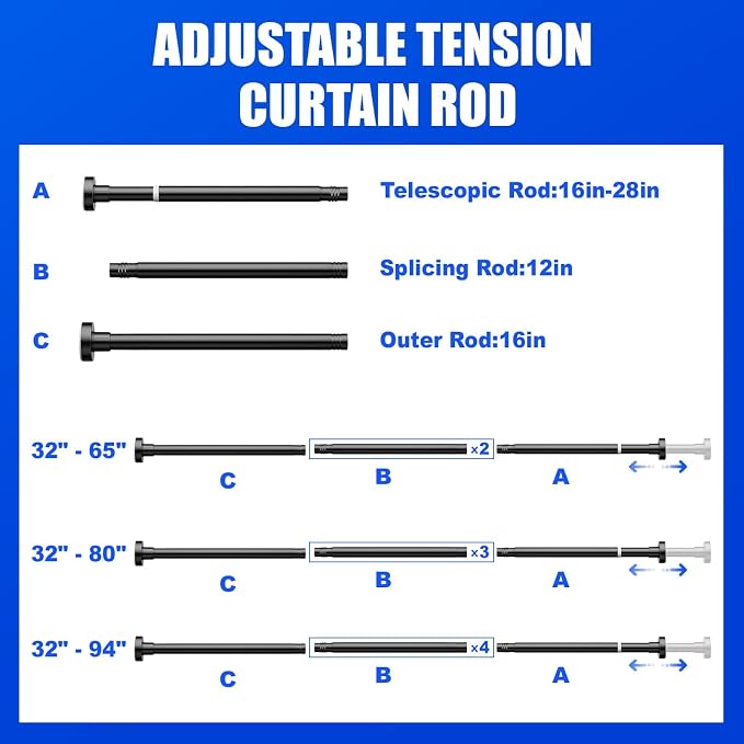 Ausemku Shower Curtain Rod 32-104 Inch Adjustable - Heavy Duty No drill Spring Tension Shower Rod, Non-Slip Rustproof Telescopic Rod for Bathroom, Black