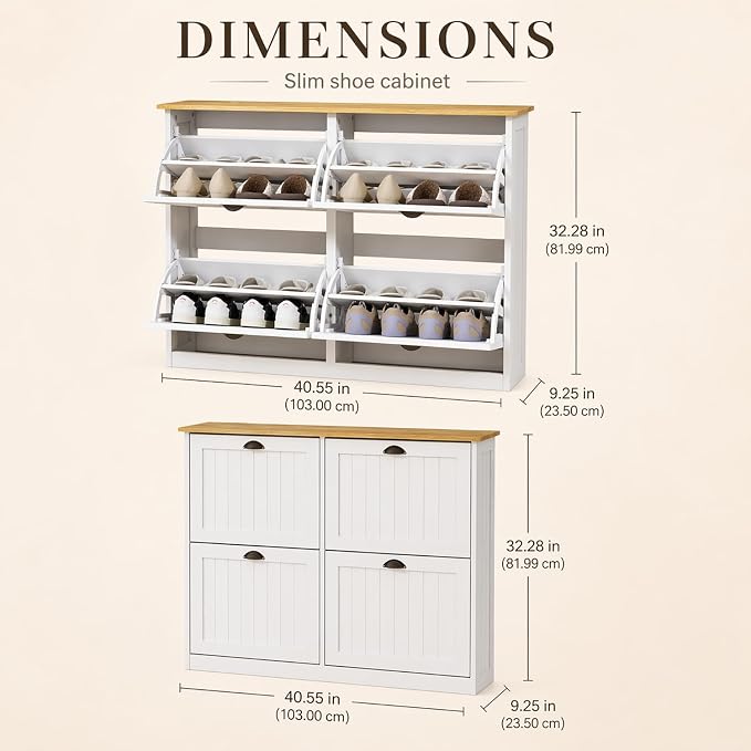 Shoe Storage Cabinet for Entryway, 16-24 Pairs Farmhouse Slim Shoe Cabinet with 4 Flip Drawers, Adjustable Shelves & Anti-Tipping Freestanding White Shoe Organizer for Small Space Hallway Apartment