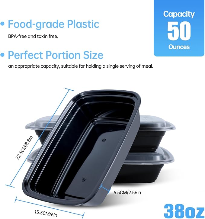 38oz Rectangular Meal Prep Containers, Black, Reusable, BPA-Free