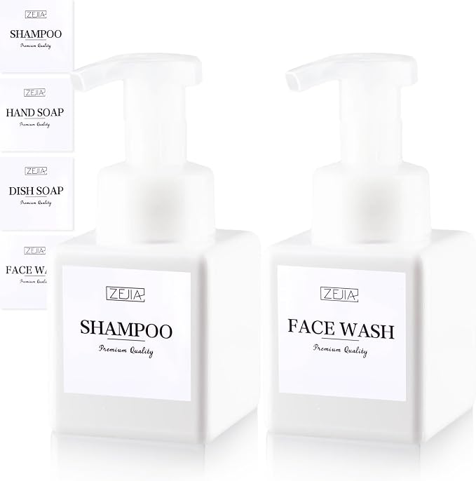 250ML Foaming Soap Dispenser, 2-Pack Plastic Hand Soap Dispenser, Refillable Leakproof Foam Pump Bottle with Waterproof Labels, for Shampoo, Body Wash
