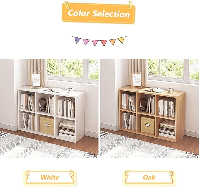 NELYE 6 Cube Organizer Bookcase Oak Open Shelf | Suitable for 11-inch Fabric Storage Bins, Simple Compartments Bookshelf, Holds 20 Lbs per Cube