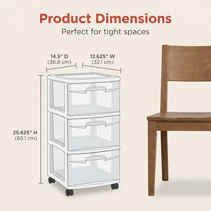 3 Drawer Plastic Storage Cart, Clear Rolling Home Office Organizer WHITE | Removable wheels switch between rolling mobility & stationary stability for any room.