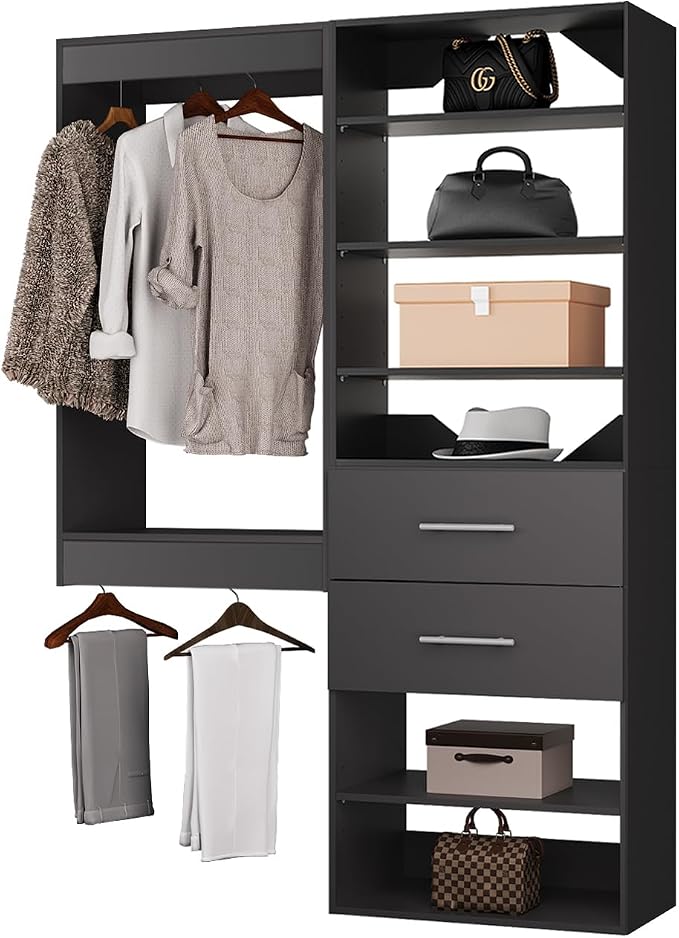 ROOMTEC Modular Closet System, 61" Wall Mounted Closet Organizer with Hanging Rods and Drawers, Wooden Tower for Walk-In Closets, Wardrobe Storage Kit, Black
