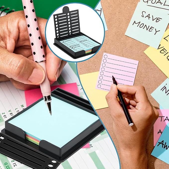 Sticky Note Holder with 5 Different Stencil & 100 Sheet Post It Notes, 3x3 inch Sticky Pads Dispenser with Line Box Drawing Template for Office and Home(COLOR:black)