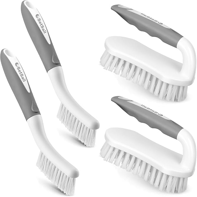 SetSail Scrub Brush, Heavy-Duty Scrub Brushes for Cleaning Gray White | Heavy-Duty Scrub Brushes for Cleaning Shower, Bathroom, Carpet, Kitchen and Bathtub Scrubber - 4 Pack