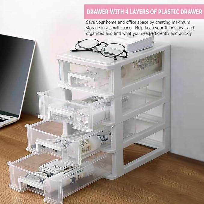4 Tier Plastic Drawer Type Closet,Portable Storage Cabinet Sundries Storage Cosmetics Jewelry Storage Box for Home Office（White）