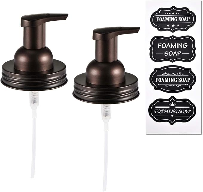 Amolliar Mason Jar Foaming Soap Dispenser Lids, Plastic Pump Rustproof Stainless Steel Lid, Refillable Hand Soap, Kitchen Rustic Farmhouse Decor, Bathroom Accessories, Waterproof Labels, Bronze 2 Pack