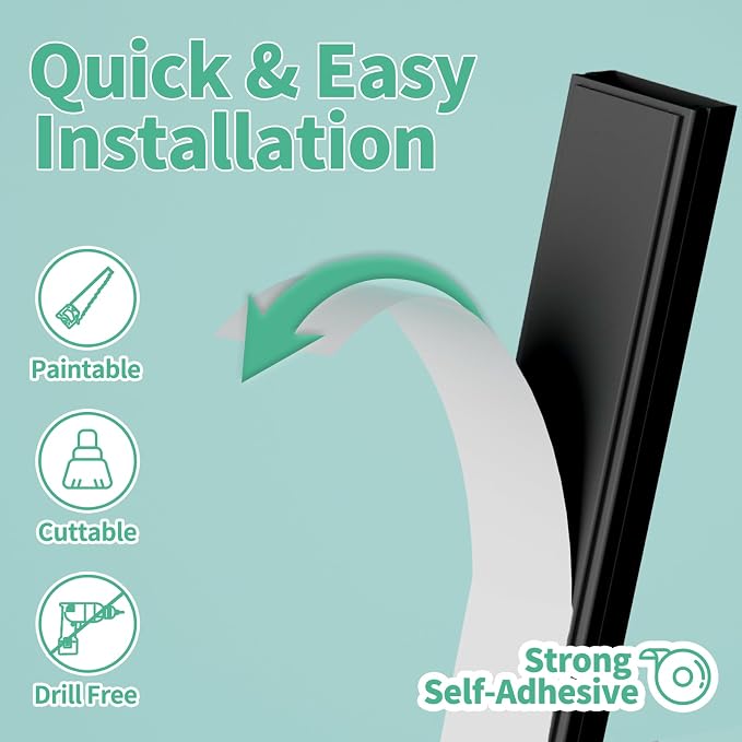 Delamu Cord Hider, 100in Self-Adhesive Cord Cover Kit for Wall Mounted TV, Paintable Wire Hider, Flexible Cable Management System, Cable Raceway Conceals 2-3 Wires, W0.95 H0.55in, Black