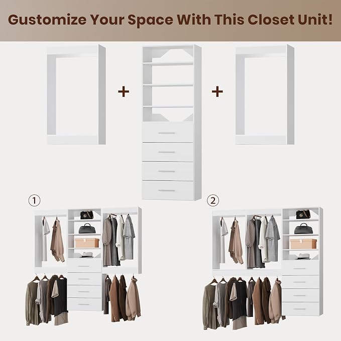 ROOMTEC Modular Closet System, 90" Wall-Mounted Closet Organizer with Drawers and Hanging Rods, Wooden Tower for Walk-In Closets, Wardrobe Storage Kit, White
