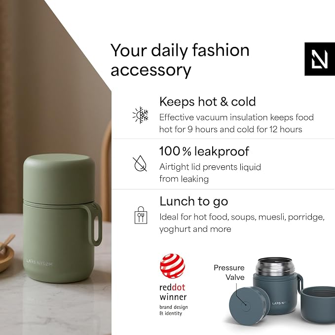 LARS NYSØM Stainless Steel Vacuum Insulated Food Jar - Leakproof Lunch Pot & Lunch Jar for Hot and Cold Food, Wide Mouth, Portable Soup Container for Work & Travel (Stone Blue, 12oz)