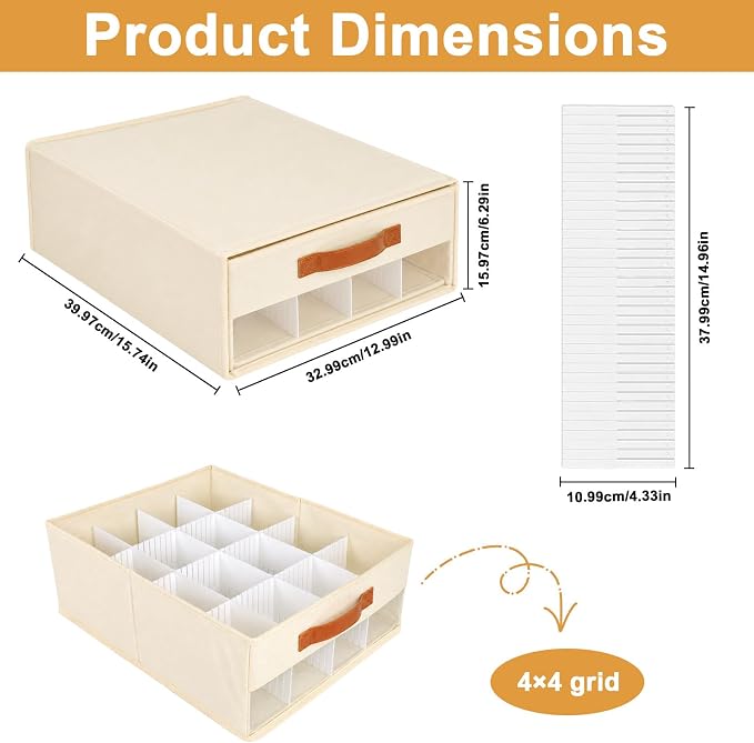 Minimalist Home DIY Underwear Drawer Organizer-Dustproof Sock Organizer with 6pcs Drawer Divider Adjustable Cream White Stackable Closet Storage Bins for Bra Socks Ties
