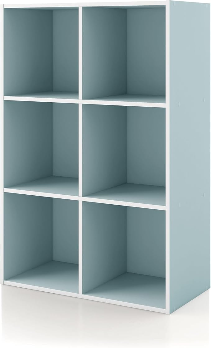 Homes: Inside + Out Apexa 6-Cube Storage Organizer Shelves, Stackable Wood Bookcase Fits Cubby Bins for Organization, Dorm Teen Room Decor & Home Office, Light Blue