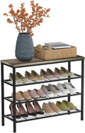 4-Tier Metal Shoe Rack with Wood Top - Durable & Space-Saving Shoe Organizer,Industrial Shoe Organizer Shelf Bench Storagefor Closet Entryway, Bedroom & Hallway - Gray + Black 28.5 W × 25.5" H