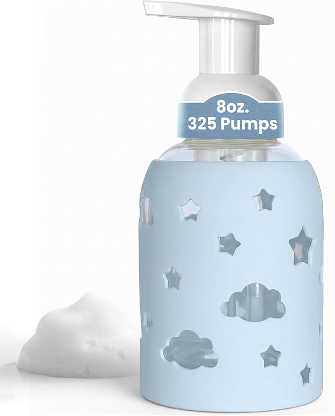 SoCal Suds & Company Foaming Hand Soap Dispenser Glass, Liquid Soap Pump with Cloud & Star Sleeve, Refillable Bottle for Kids, Baby Wash & Shampoo, Ideal for Bathroom & Kitchen Use, Light Blue, 8oz