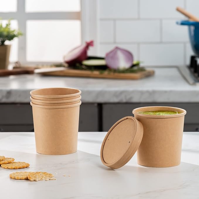 GUSTO 16 oz. Kraft Paper Food Containers with Vented Lids - [50 Count] To Go Hot Soup Bowls, Disposable Ice Cream Cups, Ideal for Hot and Cold Foods- (Formerly Comfy Package)