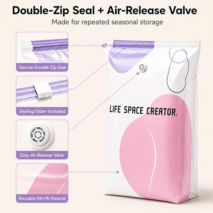 3 Pack No Pump Vacuum Storage Bags, 23.6 x 12.6 x 39.4 in | Large capacity space saver compression bags for comforters blankets bedding seasonal clothes closet organization and moving
