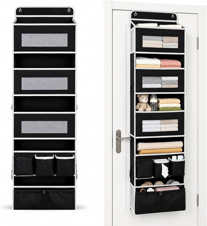 1 Pack Over The Door Organizer Storage, Hanging Organizer Closet with 5 Large Pockets 6 Mesh Pockets, 50 lbs Weight Capacity, Behind Door Storage for Closet Nursery Bedroom Bathroom (Black)