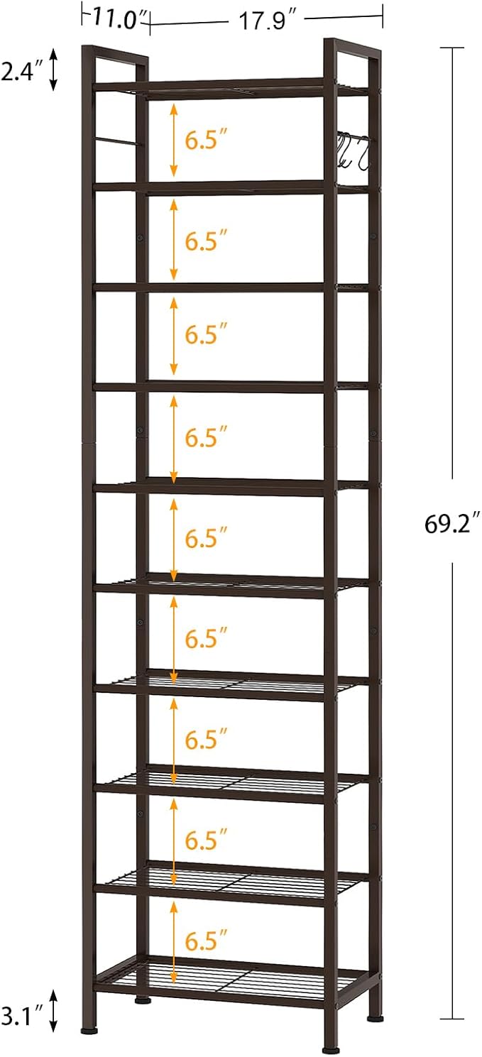 usikey 10 Tiers Narrow Shoe Rack 20-30 Pairs, Sturdy Metal Tall Shoe Rack Shelf with 4 Hooks, Slim Shoe Storage with Metal Shelf, Space Saving Vertical Shoe Organizer for Closet Entryway, Bronze